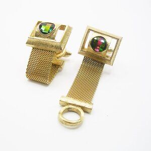 Vintage Cuff Links gold tone Mesh Wrap DANTE Watermelon Jewel